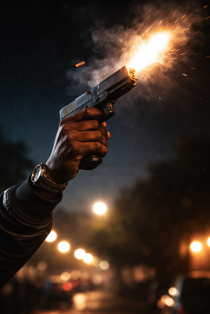 A close-up of a hand firing a handgun into the night sky, with a bright muzzle flash and smoke visible, symbolizing random nighttime shootings in Pienaar.