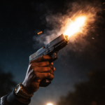 A close-up of a hand firing a handgun into the night sky, with a bright muzzle flash and smoke visible, symbolizing random nighttime shootings in Pienaar.